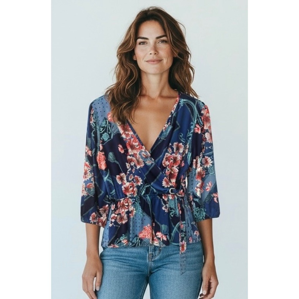 Navy Floral Wrap Blouse with Self-Tie Waist